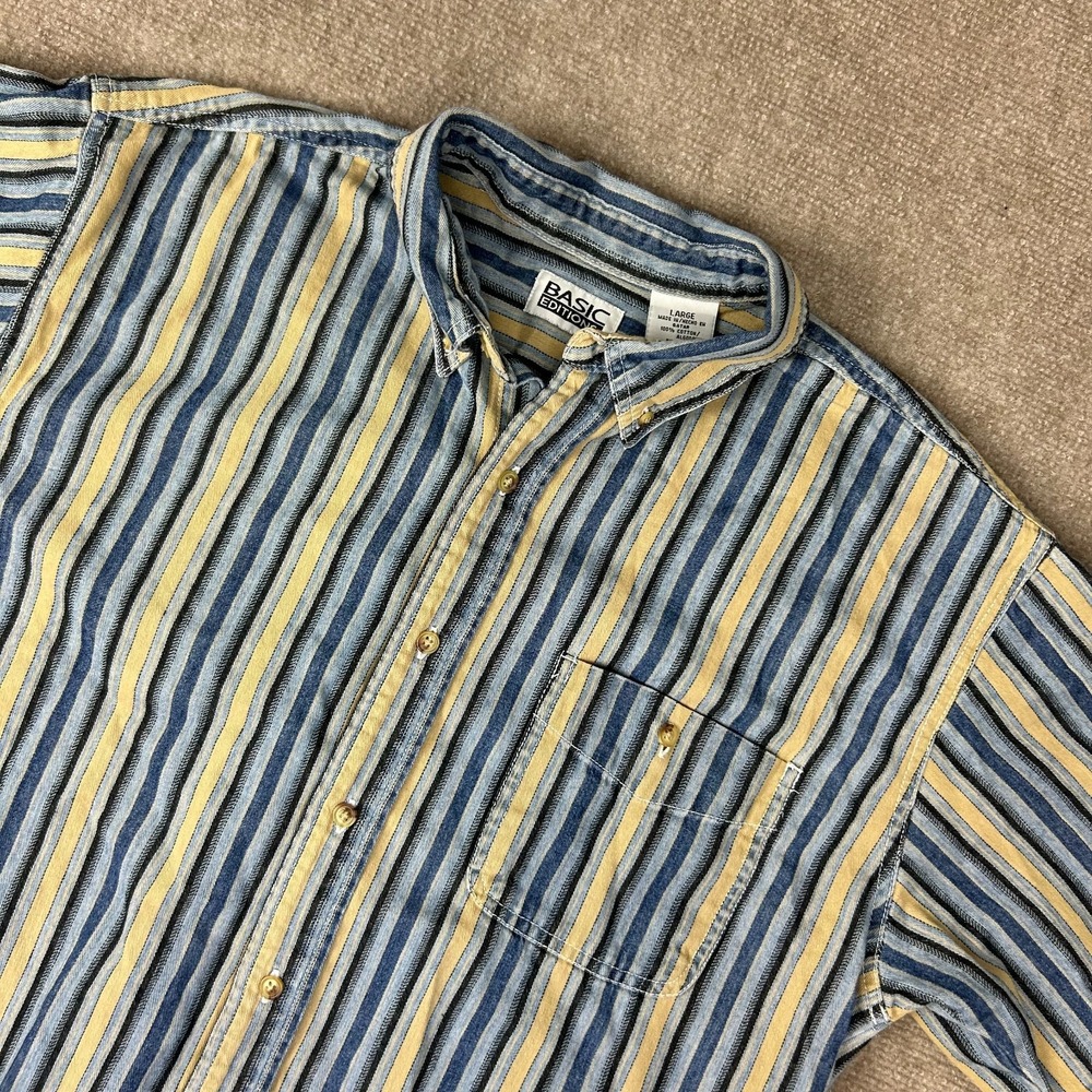 Vintage Basic Editions Shirt Mens‎ Large Multicolor Striped Cotton Curved Hem